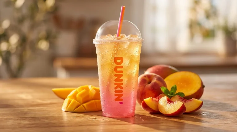 Sunzest Dunkin Zero medium cup with tropical mango and peach garnish on a bright orange background