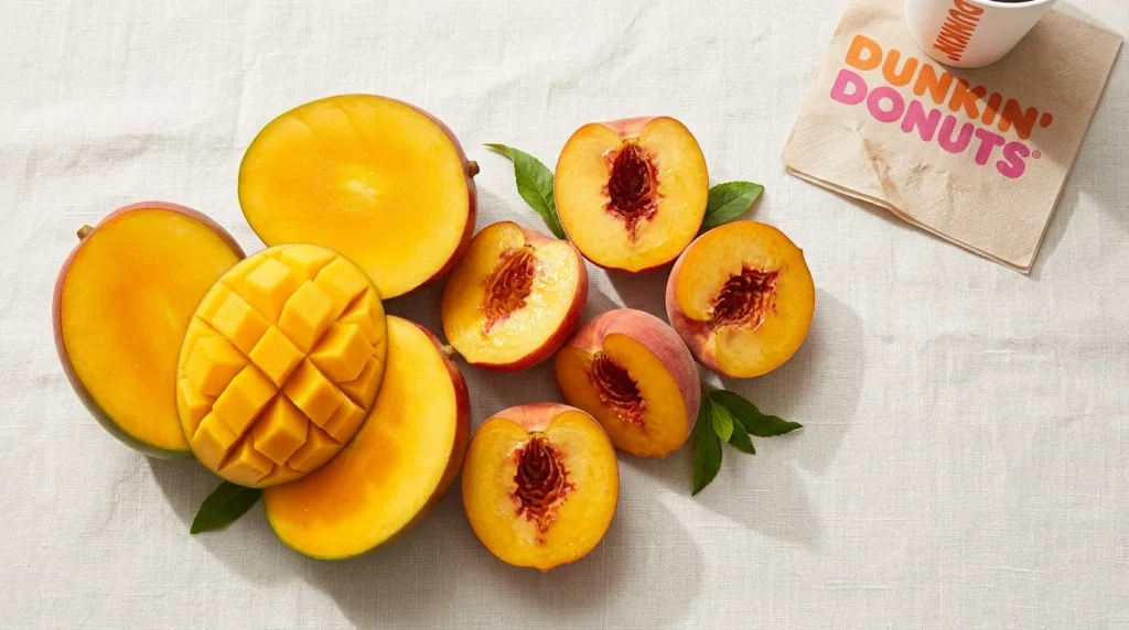 Fresh mango and peach fruit representing the Sunzest Dunkin Zero flavor blend