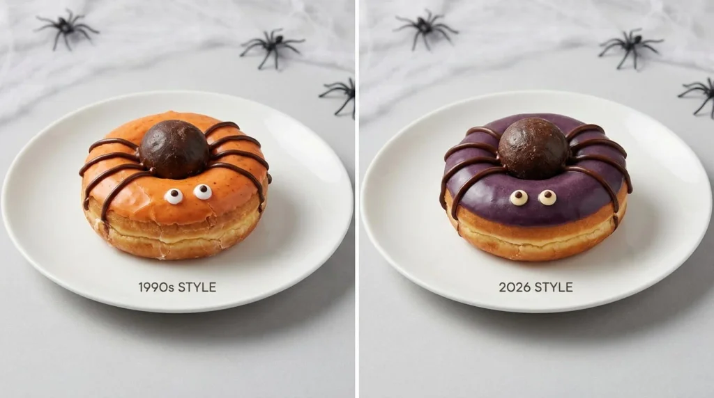 Dunkin Spider Donut comparison showing the earlier orange-iced design beside the purple 2026 version