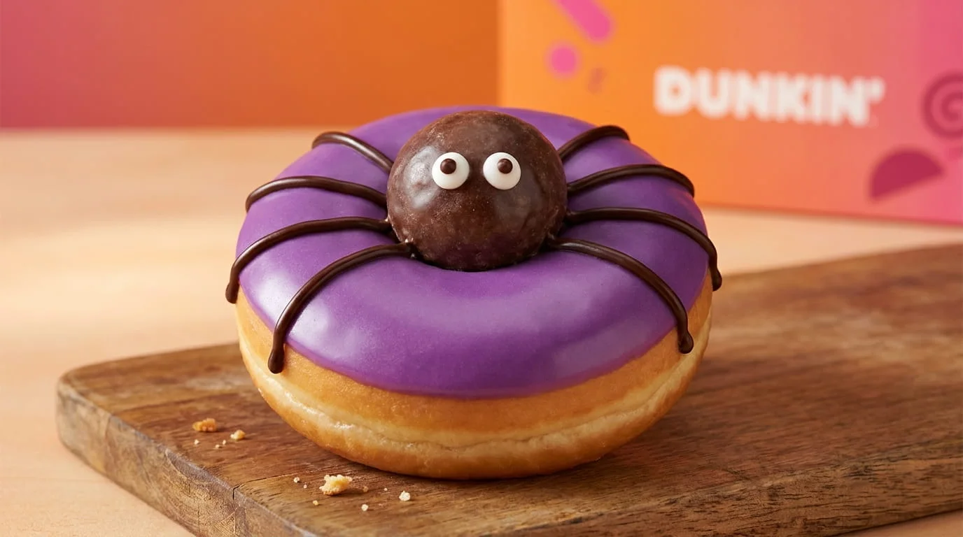 Dunkin Spider Donut 2026 with purple icing, chocolate MUNCHKINS center, and chocolate spider legs
