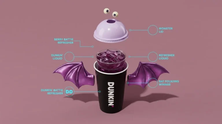 Blueprint-style diagram of a refresher’s parts: berry clementine, blueberry, oatmilk, purple foam and candy eyes
