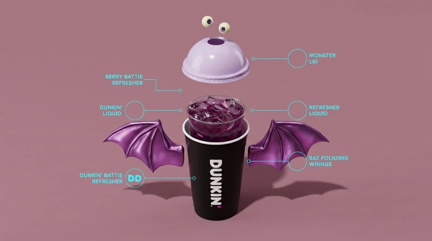 Blueprint-style diagram of a refresher’s parts: berry clementine, blueberry, oatmilk, purple foam and candy eyes