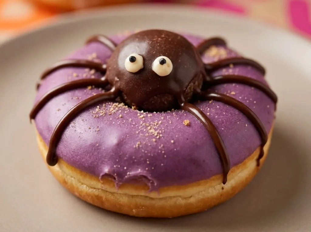 Dunkin Spider Donut 2026 with purple icing, chocolate MUNCHKINS center, and chocolate spider legs