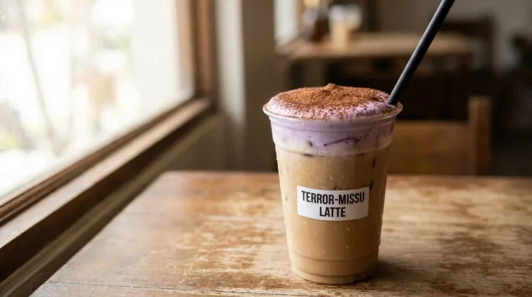 Dunkin’ Terror-misu Cloud Latte with purple marshmallow cold foam and hot chocolate powder