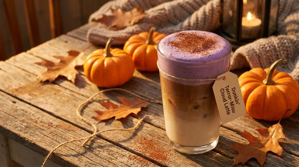 Purple-topped iced latte beside small pumpkins for a Halloween coffee drink
