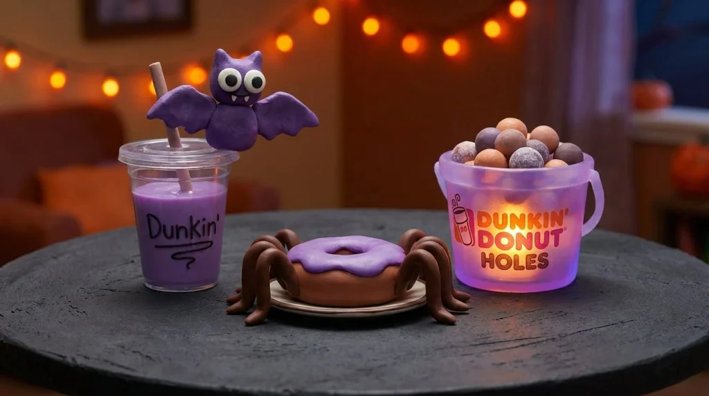 Claymation scene of a purple bat on a drink cup beside a spider donut and a glowing bucket of donut holes