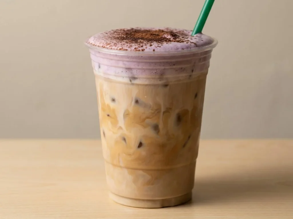 Side view of a Terror-misu Cloud Latte showing espresso and milk under purple cold foam