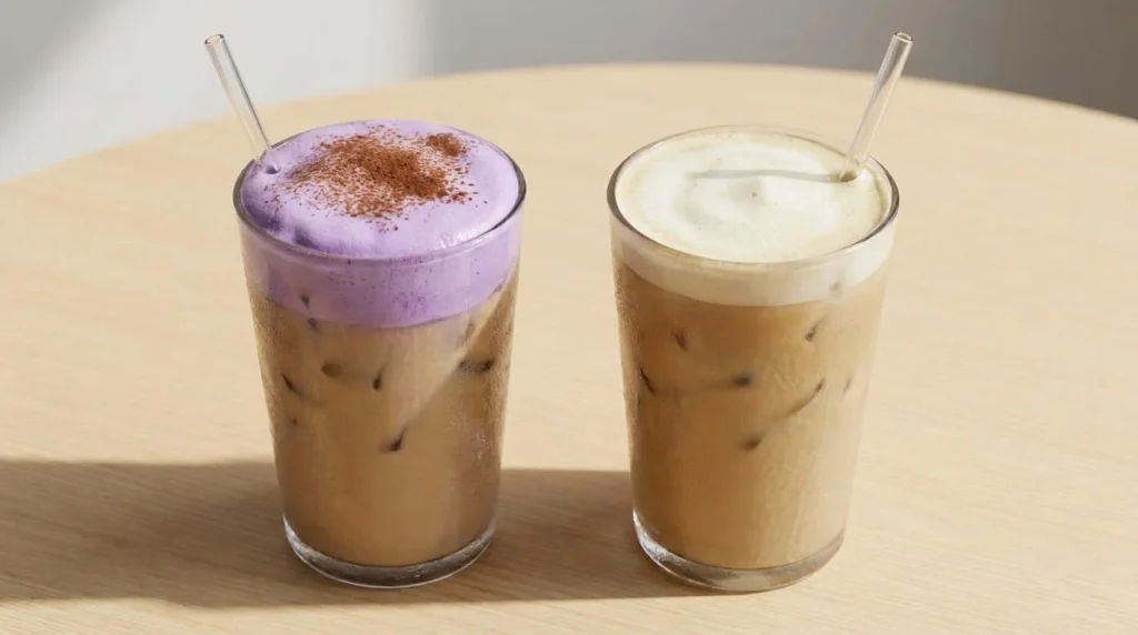 Two iced lattes side by side, one topped with purple cold foam and one with plain foam